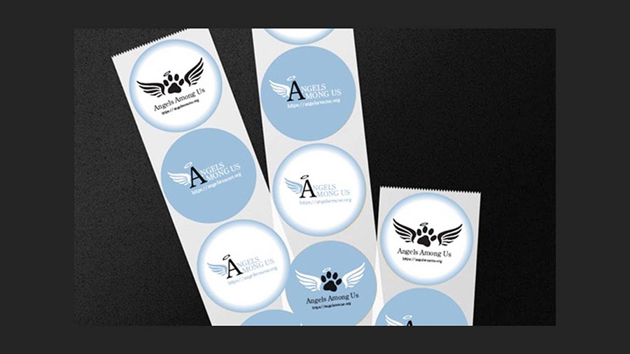  / "Angels Among Us Stickers," Angels Among Us Sticker Designs, 3 x 3 inches, 2022. These sticker designs are for volunteers and pedestrians to wear to help fundraise for Angels Among Us pet rescue. 