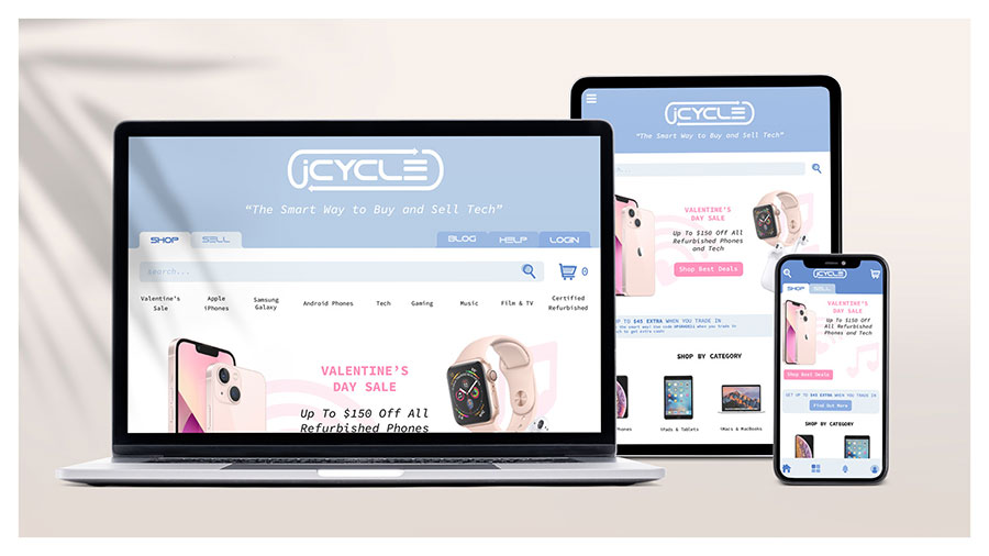 / “iCycle.com,” 1920 x 1080pxWebsite, 2048 x 2732px Tablet, and 1125 x 2436px Mobile Interactive User Interface Design, 2022. 