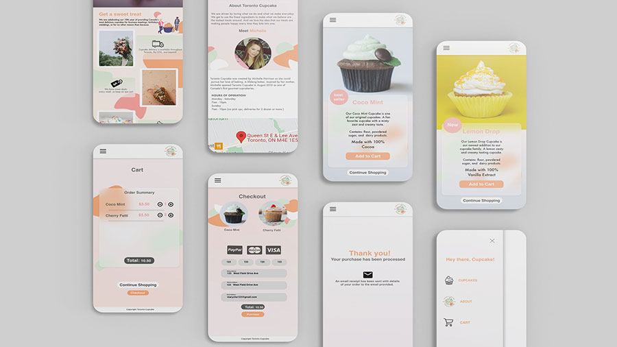  / "Toronto Cupcake,” Web design,1920x1080 pixels, 2021. Website redesign for Toronto Cupcake. Designed for desktop, mobile, and tablet. 