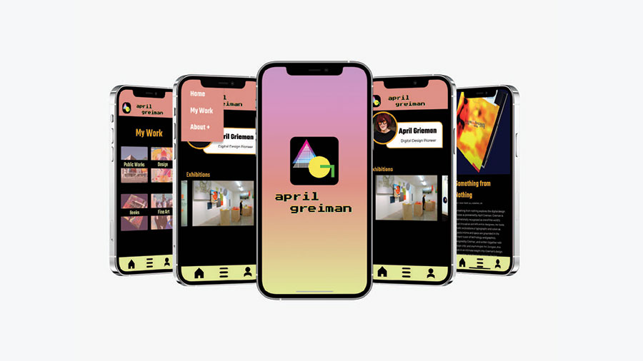  / April Grieman App Design | 220x476 px | App Design. UI Design | 2022 | Designed an app for a famous graphic designer. 
