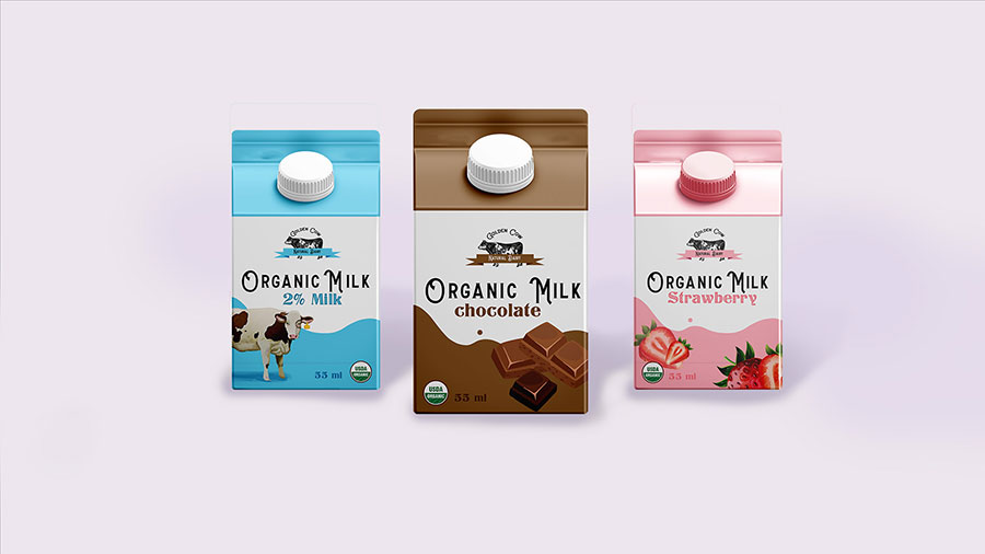  / “Milk Cartons,” package design for 3 flavors of milk: 2%, strawberry, Chocolate milk, 5 x 3 x 3 in print, 2021. 
