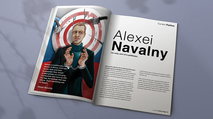  / “Magazine editorial,” illustration and article about Alexi Naively, 8.5 x 11in print, 2021 