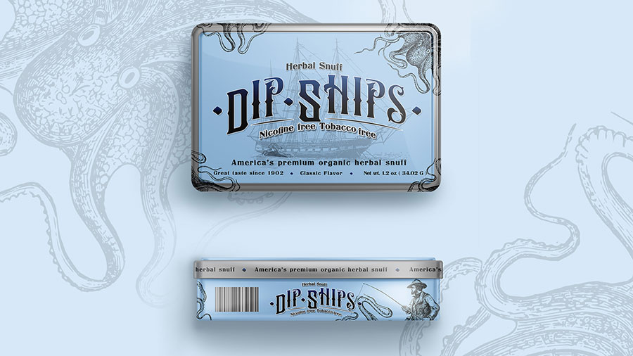  / “Dip ships,” herbal snuff can, 2 x 4 x 3 in print package design 2021. 