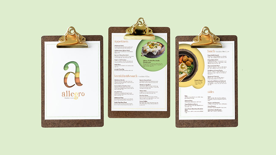  / “Allegro Menu,” 8.5 in. x 11 in. print menu, 2021. This menu design shows guests what kind of restaurant they are at. 