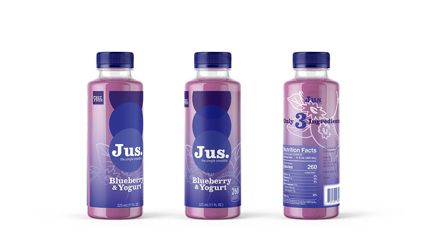  / “Jus Smoothies,” Package Design 2021 Mockup of plastic bottle filled with blueberry smoothie. The label is somewhat transparent, showing the product underneath. 