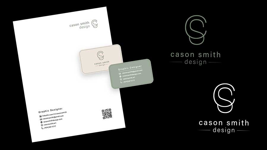  / 
"Cason Smith Design," personal branding, 2022. This is my logo and brand design with business card and letterhead.