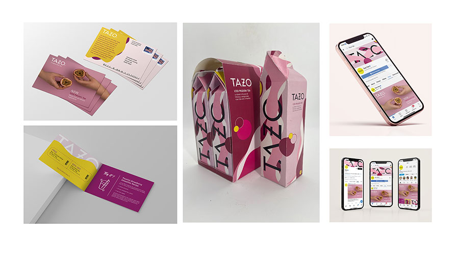  / 
“Tazo,” advertising and packaging, 2022. This is a rebrand of the Tazo Tea company’s advertising and packaging. 