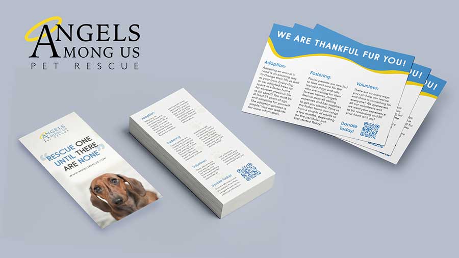  / “Angels Among Us,” branding collateral, 2022. The post card and palm card were designed to inform of the viewer of all the ways they can help animals in need. 