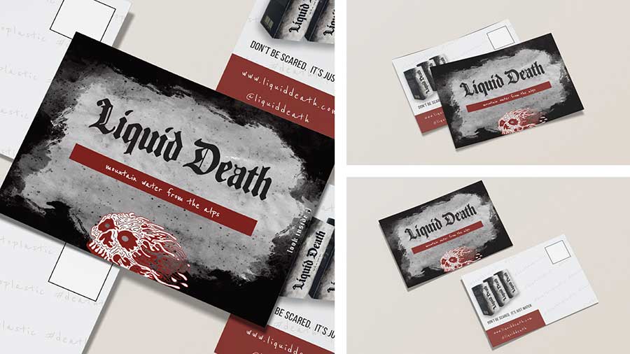  / Liquid Death. Postcard Mailer Ad, 3.5 inches by 4 inches, 2022. A mailed advertisement to inform consumers of the product. 