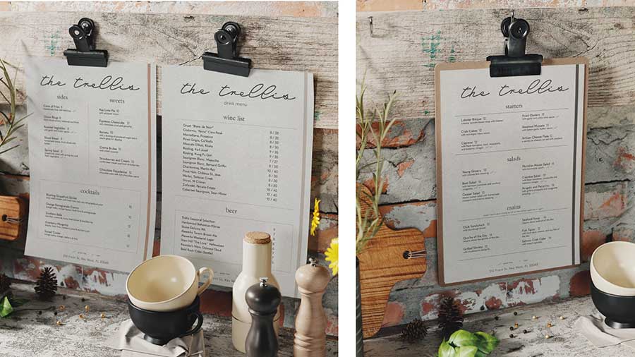  / The Trellis Restaurant Menu. Restaurant Menu Redesign, 9 inches by 12 inches, 2021. Redesign of the full menu for the restaurant The Trellis. 