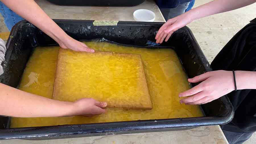 Pulling sheets  / Still: Pulling sheets during Session Two in the Papermaking Studio