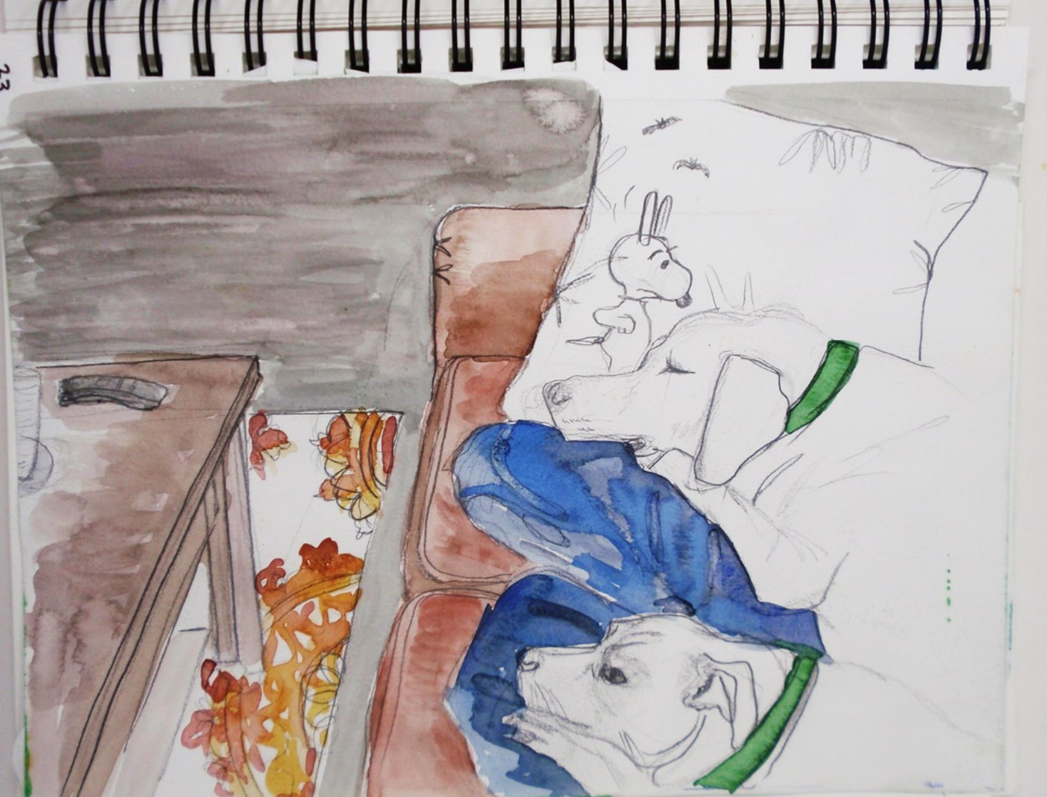 Watercolor, graphite, and ink / Watercolor, graphite, and ink.  This image is of my two dogs sleeping on the couch. 