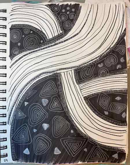 Black and White Lines / Ink and white gel pen.  Experimentation with materials to create lines based on emotions. 