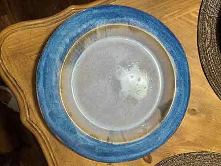 Full Plate / Same glaze combination on a light clay.  Honey Flux glaze with Midnight Blue on rim.  Original plan for glazes and clay.