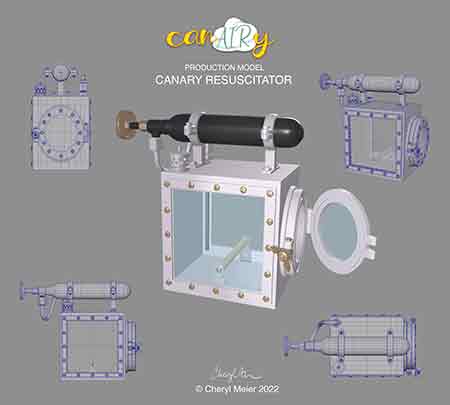 Production Model Art of the Canary Resuscitator / Production Model Art of the Canary Resuscitator Prop which will be used in the animated short film titled CanAIRy, currently in production.  Model built in Maya, flat texture shading rendered in Marmoset Toolbag.
