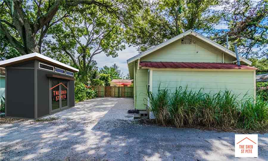 Image of the mockup of The Shed St Pete / Image of the mockup of The Shed St Pete in the backyard of a house located in the neighborhood Historic Kenwood in St. Petersburg, Florida