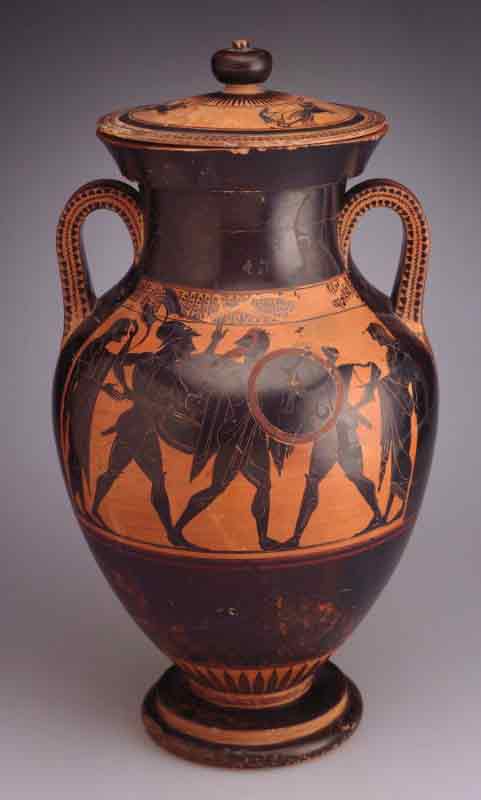 Black-figure Amphora / Black-figure Amphora, Artist: Related to the Leagros Group, Date: 530–520 BC, Location: Legion of Honor Terrace Hallway East, Media: Terracotta, Dimensions: 25 3/4 x 14 3/8 (65.4 x 36.5 cm), Department: Ancient Art, Object Type: Ceramic, Country: Greece, Culture/People: Greek