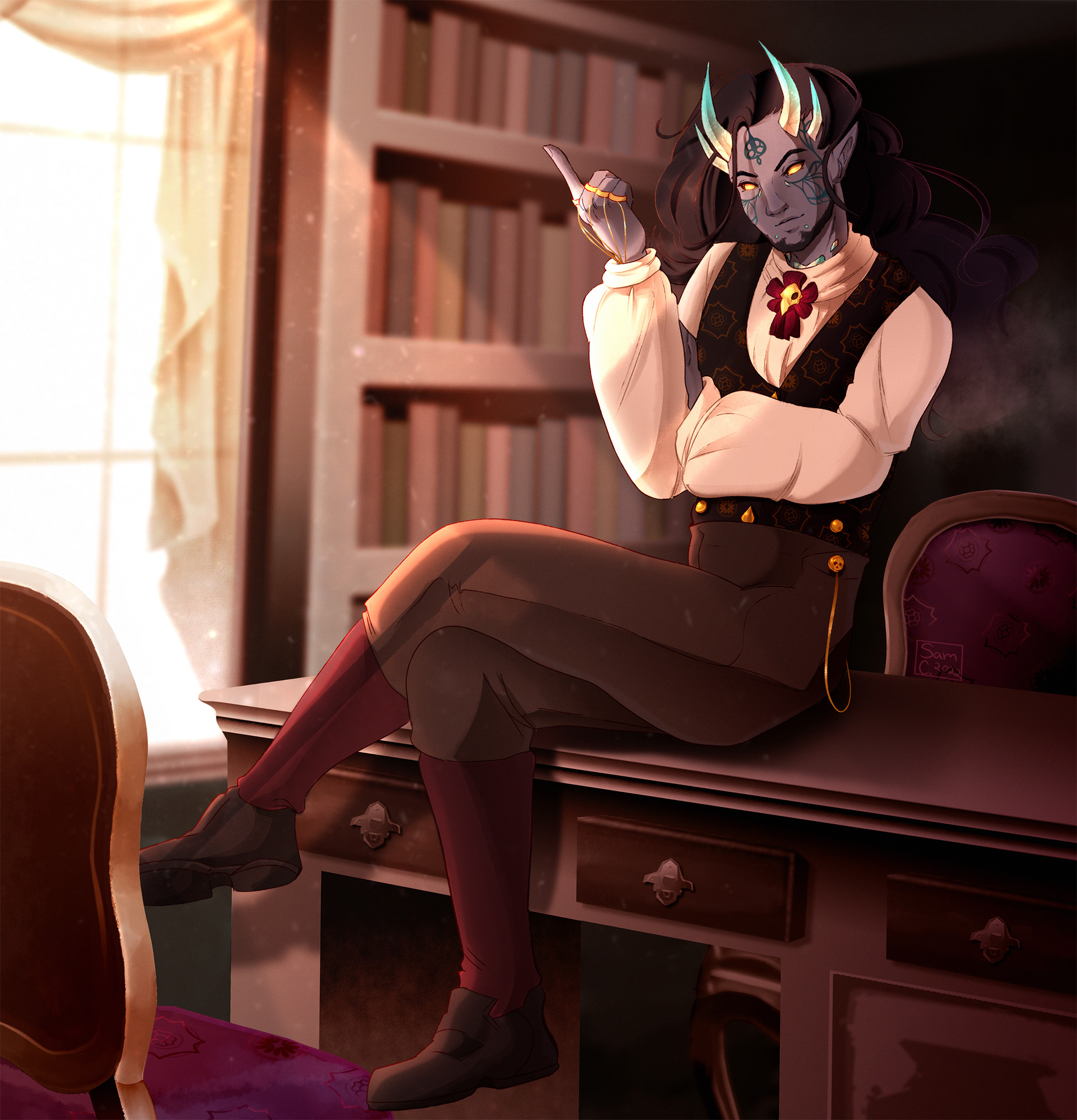  / "Meeting with Faust"
Illustration of a character named Faust, sitting in his office.
Done in Paint Tool Sai, 2022