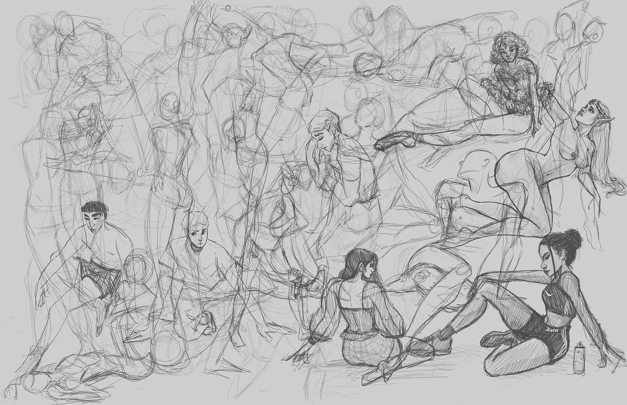  / Collection of gesture study warm-ups with some being drawn over and turned into characters for a month. Created using Photoshop. 2021