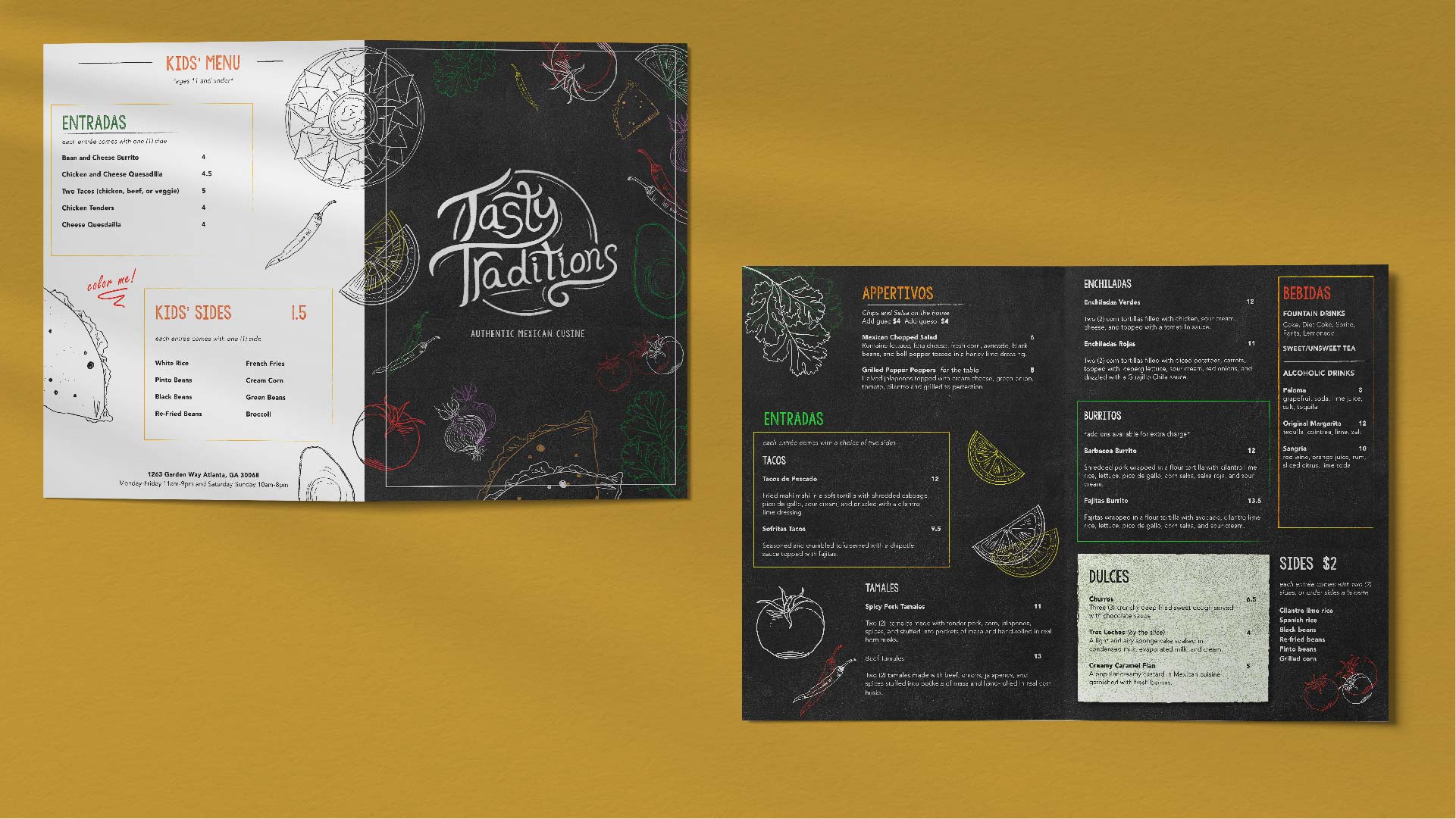 "Tasty Traditions." /  "Tasty Traditions." Menu Design 34x17 inches, print 2022. Tasty Traditions is a Mexican Restaurant that thrives on authenticity and being one-of-a-kind. This menu re-design supports those values.