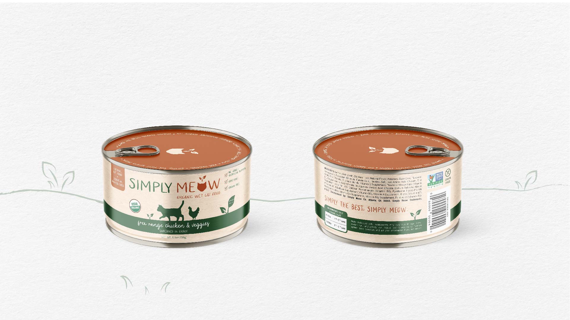 "Simply Meow."  / "Simply Meow." Metal can label 7.5x2 inches, print 2021. Organic cat food brand product design. This warm and inviting color palette paired with simple visuals conveys a healthy brand worthy of your feline friends.