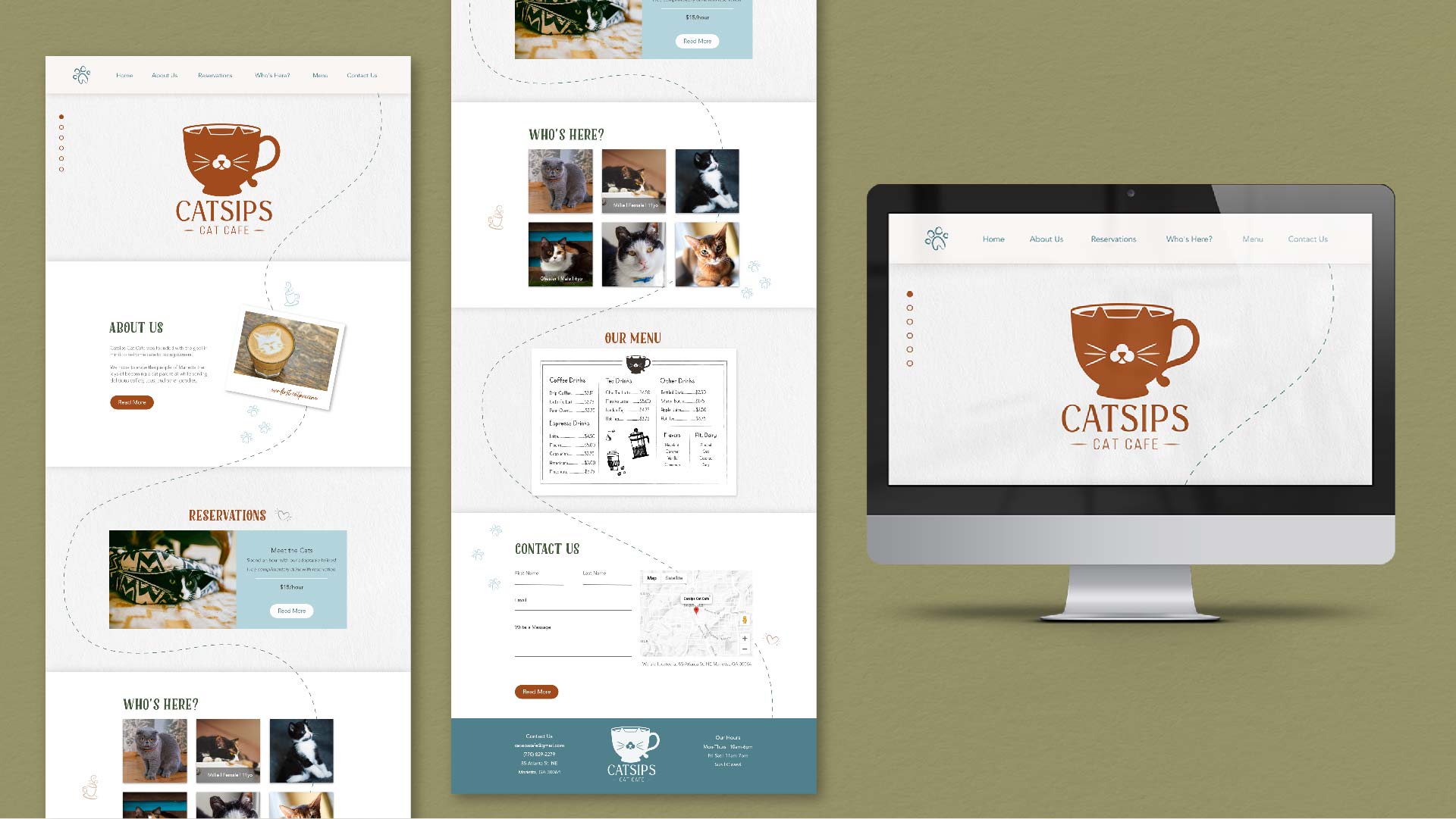 "Catsips Cat Cafe." / "Catsips Cat Cafe." Branding & Desktop Site 1920x1080 pixels, digital 2021. The website helps enforce the Catsips Cat Cafe’s brand by using a simple layout with hand-illustrated designs—bringing this cat cafe to life.