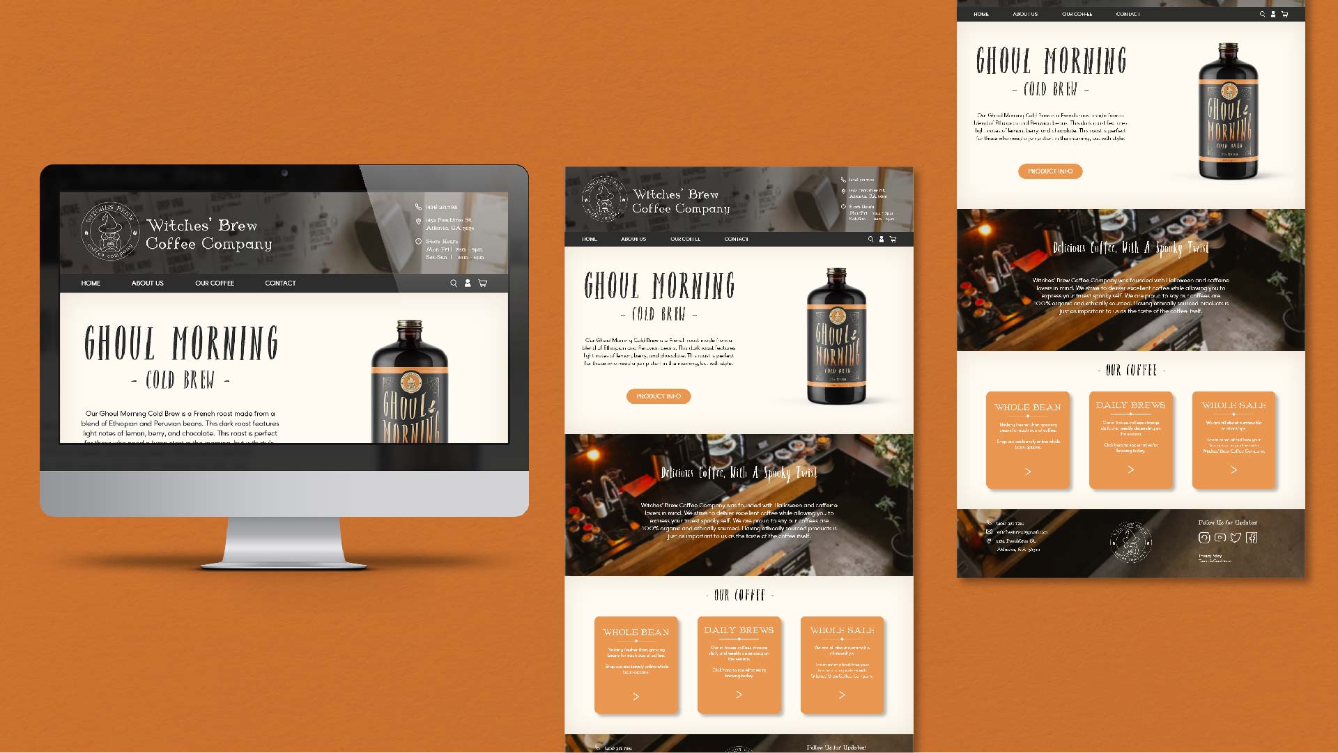 "Witches Brew Coffee Co."  / "Witches Brew Coffee Co." Branding & Desktop Site 1920x1080 pixels, digital 2021. This desktop site gives the viewer an insight into the Witches’ Brew Coffee Co. brand. The home page promotes their bestselling product: Ghoul Morning Cold Brew.