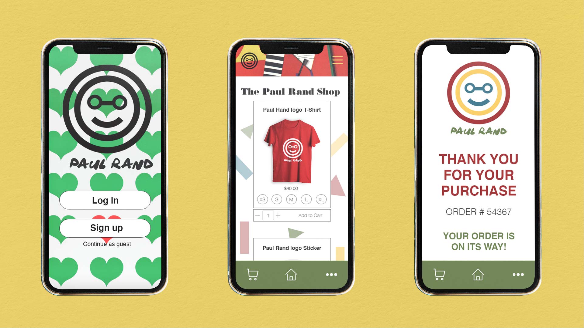 "Paul Rand."  /  "Paul Rand." App Design 390x844 pixels, digital 2022. App design for graphic designer Paul Rand (group project members: Audra Chang, Haley Sartori, & Samantha Beggs). This design received the 2022 Digital Design Award from GDUSA.  