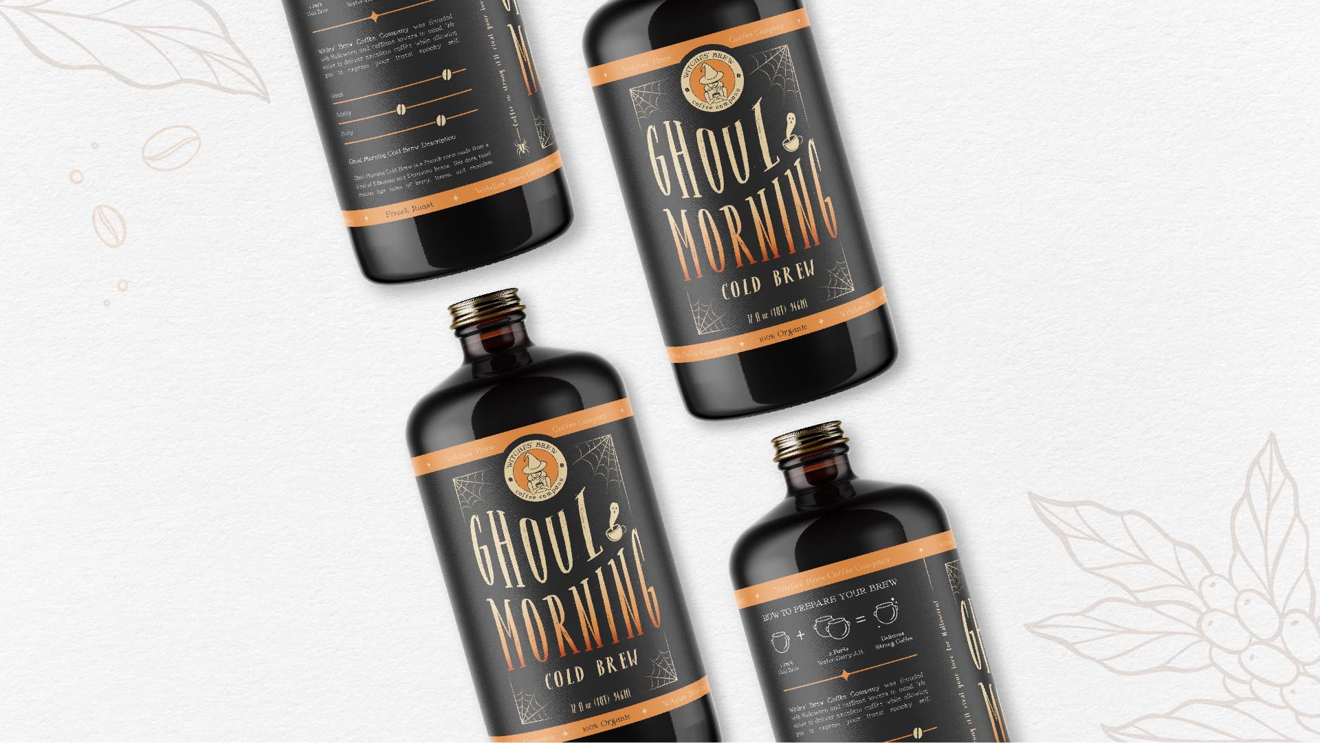 "Ghoul Morning Cold Brew." / "Ghoul Morning Cold Brew." Cold Brew label 9x4 inches, print 2021. Product design for Witches’ Brew Coffee Co. The brand’s inspiration came from a love of Halloween and illustrative designs.