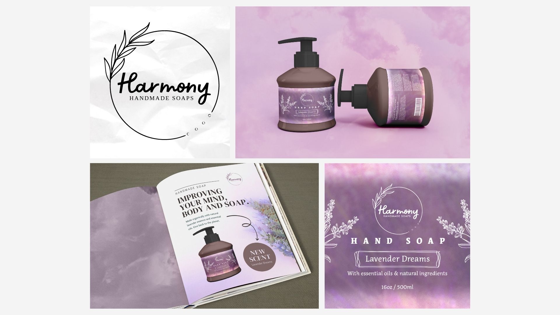 "Harmony Soaps Branding" / "Harmony Soaps Branding", soap label & magazine advertisement, 3x2.5 (label) & 8.5x11 (advertisement) printed, 2023. Harmony Soaps is a fictional soap brand focused on environmentally-friendly ingredients and giving back to the planet.