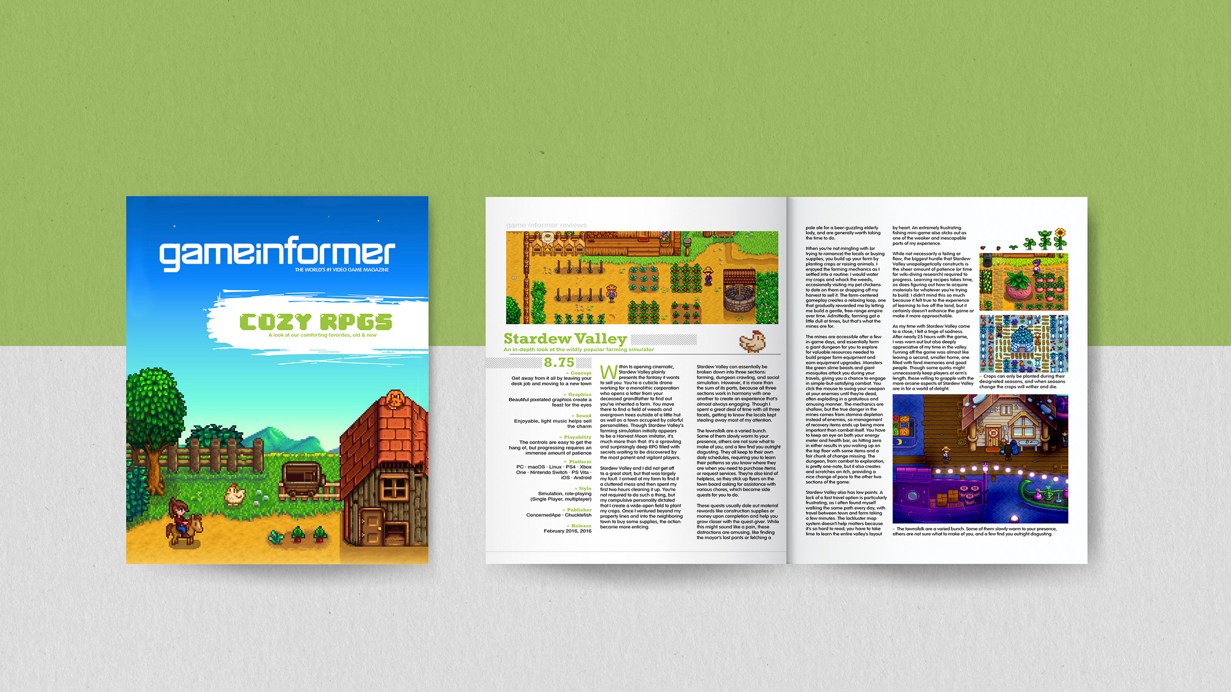 "Stardew Game Informer Article" / "Stardew Game Informer Article", magazine layout design, 8.5x11 print article, 2022. This layout is based on the design of Game Informer magazine, a gaming magazine featuring the game Stardew Valley.