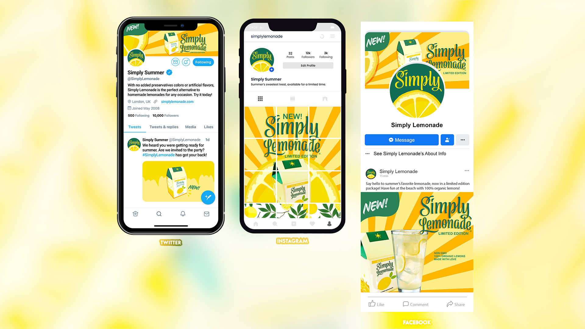  / "Simply Lemonade: Limited Edition; Social Media Campaign", social media mockups, various sizes for web, 2022. This project is a fictional social media campaign for the brand Simply Lemonade. My design was created with summer in mind, and makes use of tren