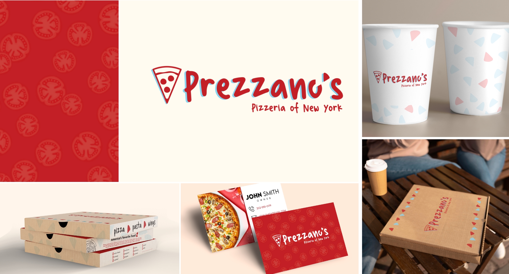 "Prezzano's Pizza Logo & Packaging" / "Prezzano's Pizza Logo & Packaging", logo & assorted packaging, various sizes printed, 2023. Prezzano's is a small business selling pizza, pasta, & more. With the redesign of their old logo, I wanted to keep the red & blue of their original branding to ke