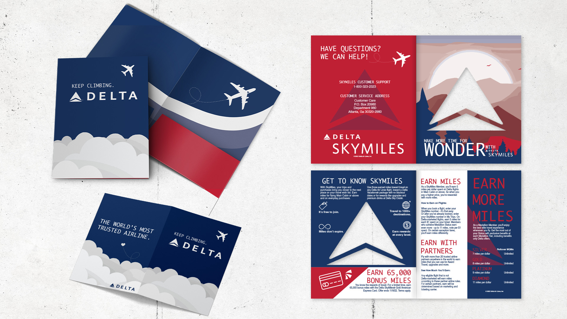 "Delta Folder & Advertisement" / "Delta Folder & Advertisement", promotional folder & pamphlet, 9x12 (folder) & 5x6 (pamphlet) printed, 2022. This folder & pamphlet duo are a promotional project duo intended to be passed out to customers of Delta Airlines.