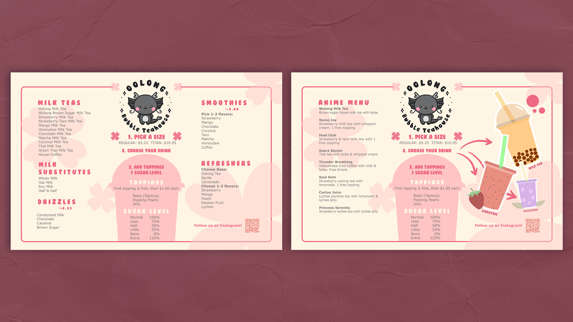 "Oolong Bubble Teahouse Menu" / "Oolong Bubble Teahouse Menu", café menu, 13x8.5 printed menu, 2022. This is a menu redesign of a bubble tea shop located in Kennesaw, GA. My design consists of pink Japanese cherry blossoms and circular patterns in order to convey the theme of the café.