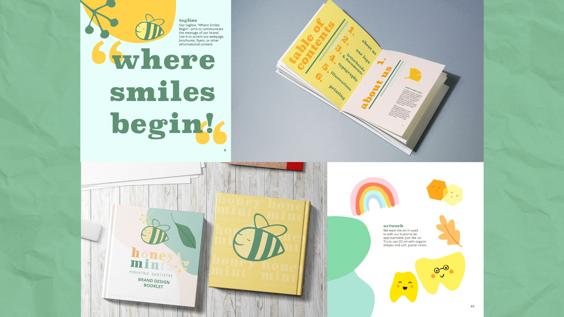 "Honey Mint Brand Guidelines Booklet" / "Honey Mint Brand Guidelines Booklet", branding booklet, 8x8 printed book, 2022. This booklet is a 28-page guide to using the branding of Oregon-based pediatric dentist, Honey Mint.