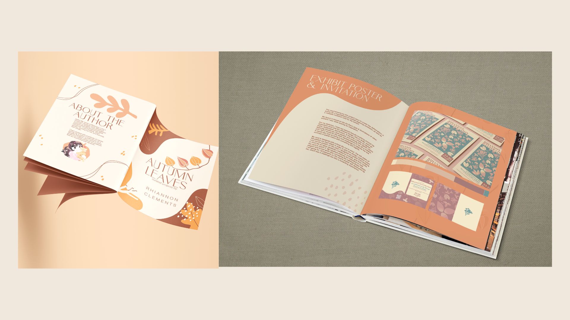 "Autumn Leaves: Coffee Book" / "Autumn Leaves: Coffee Book", booklet layout design, 8.5x11 print booklet, 2022. This booklet highlights some of the projects I completed in my college senior year with an autumn-themed layout.

