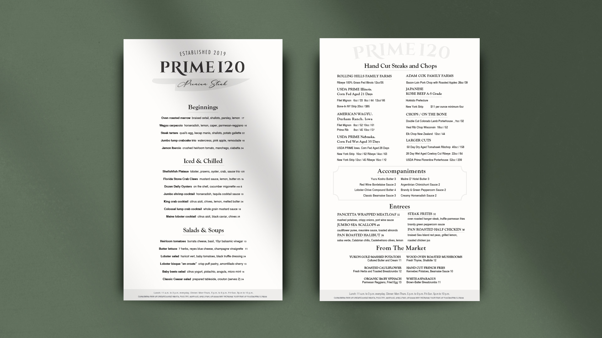 “Prime 120 Menu”  / “Prime 120 Menu,” restaurant menu, 8.5 x 14 inches print, 2022. Menu Redesign for Prime 120, a fine dining steakhouse. Mockup from Freepik.com.