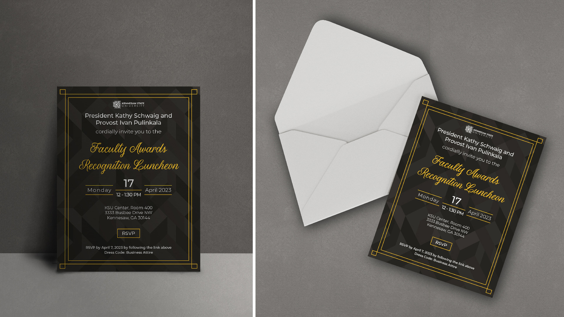 “KSU Faculty Awards Invitation” / “KSU Faculty Awards Invitation”, Promotional Material, Adobe InDesign, 5 x 7 inches printed, 2023.