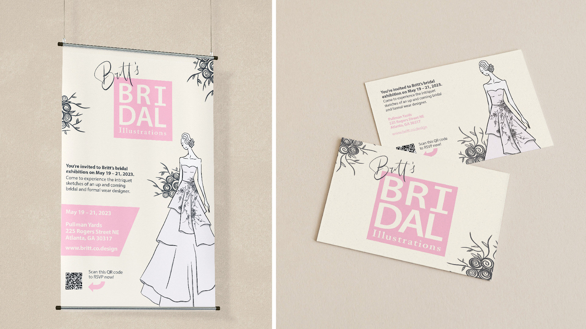 “Britt’s Bridal” / “Britt’s Bridal”, Poster and Postcards, Adobe InDesign and Illustrator, 11x17 poster and 5 x 7 postcard printed, 2022.