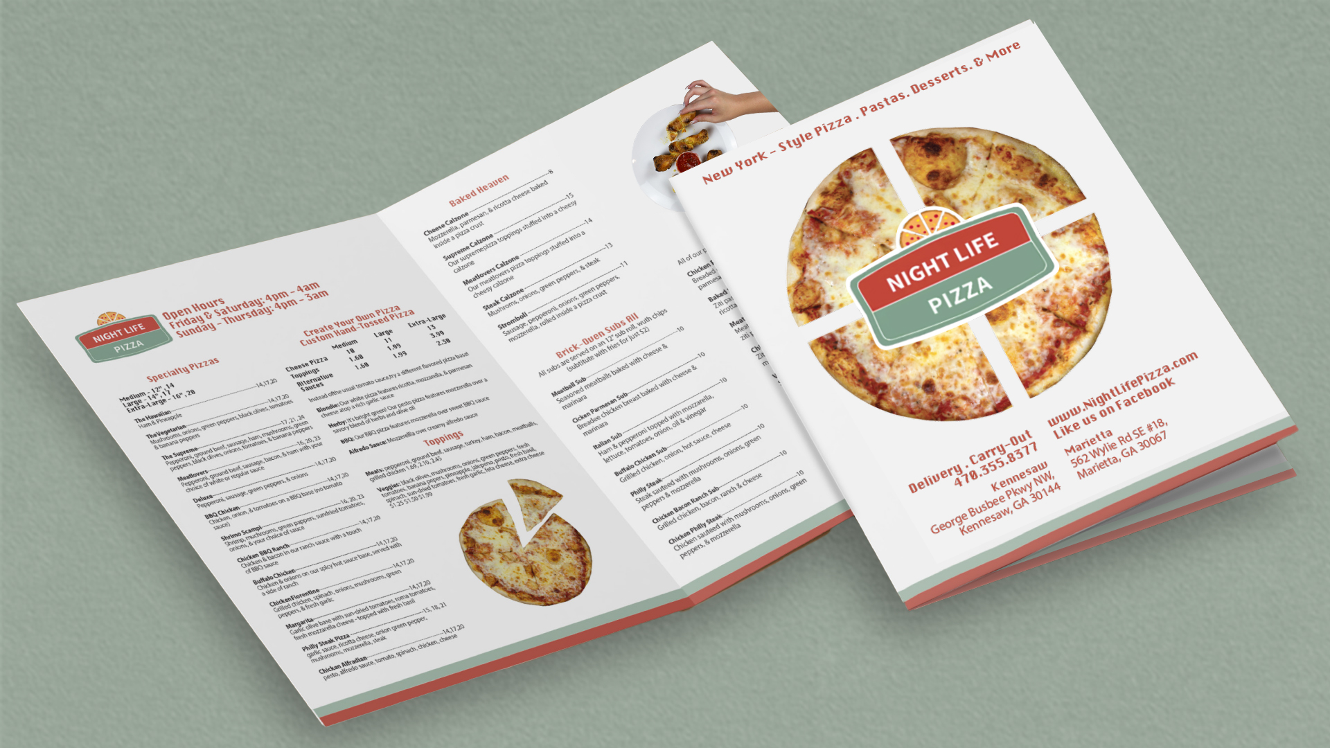 “Night Life Pizza" / “Night Life Pizza”, Menu Redesign, Adobe InDesign and Illustrator, 8.5 x 11 inches printed, 2022.