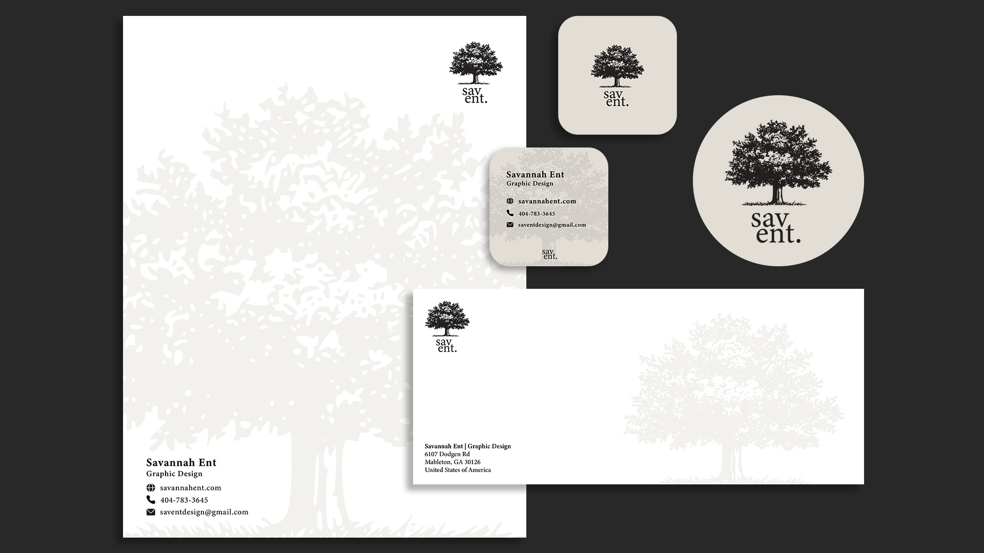 “Stationary Corporate" / “Stationary Corporate ID, print size varies, 2023. This stationary includes a personalized logo, letterhead, envelope, and business card.