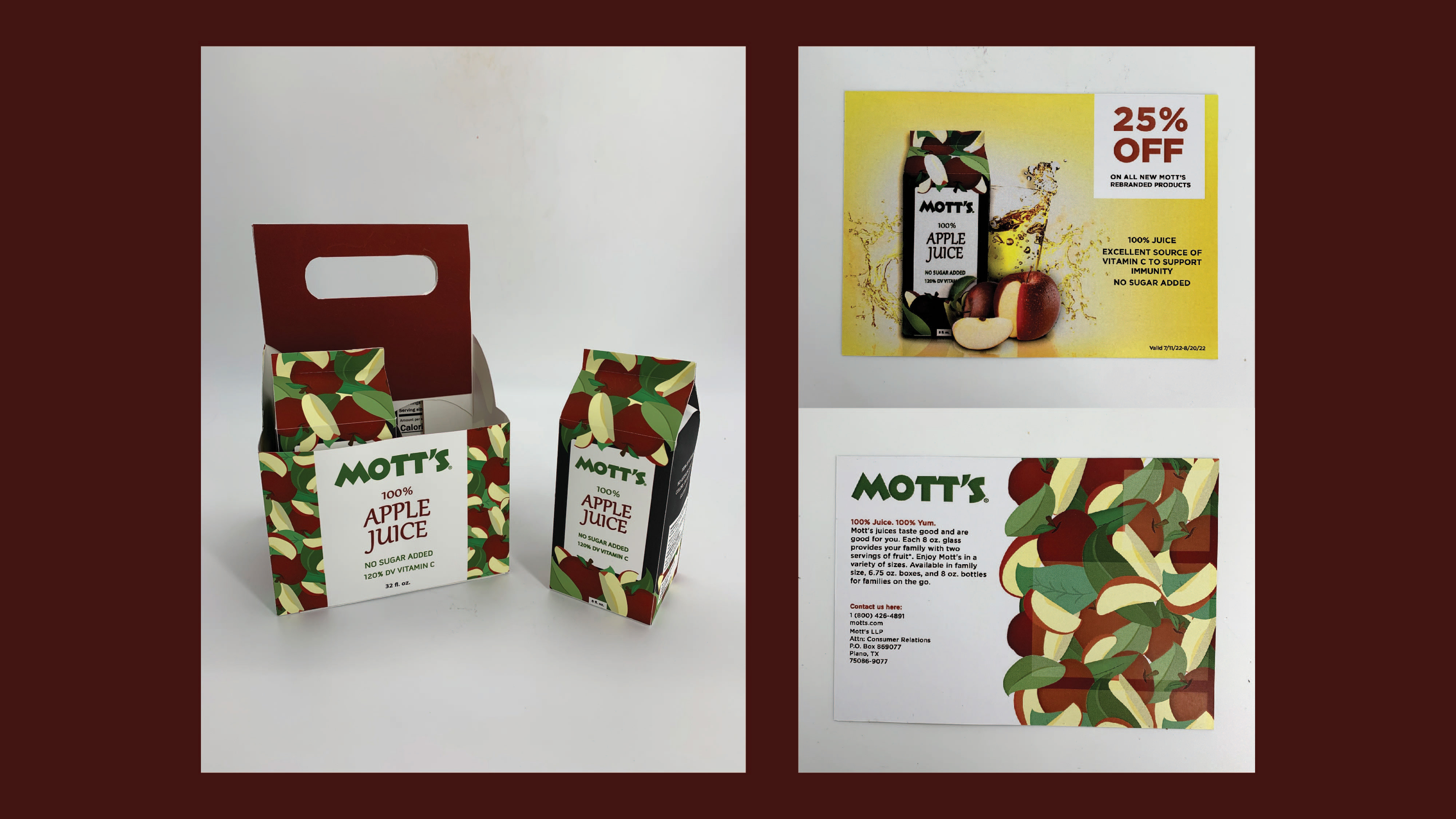 “Mott’s Apple Juice” / “Mott’s Apple Juice,” Juice box and Carrier package redesign, printed paper product, 2”x3” inches print ad mailer, 2022.