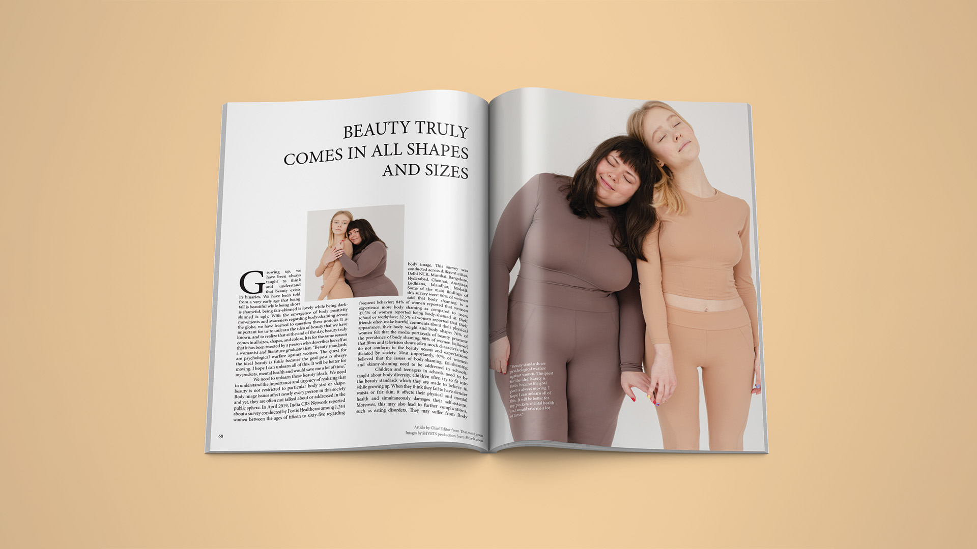 Vogue Magazine Spread Design / Vogue Magazine Spread Design, 8.5″ x 11″ / spread, 2022.This spread is from Typography II, I had to pick a magazine that I liked and design a spread that looks like it actually belongs in. I chose Vogue and the article I found was about body positivity.