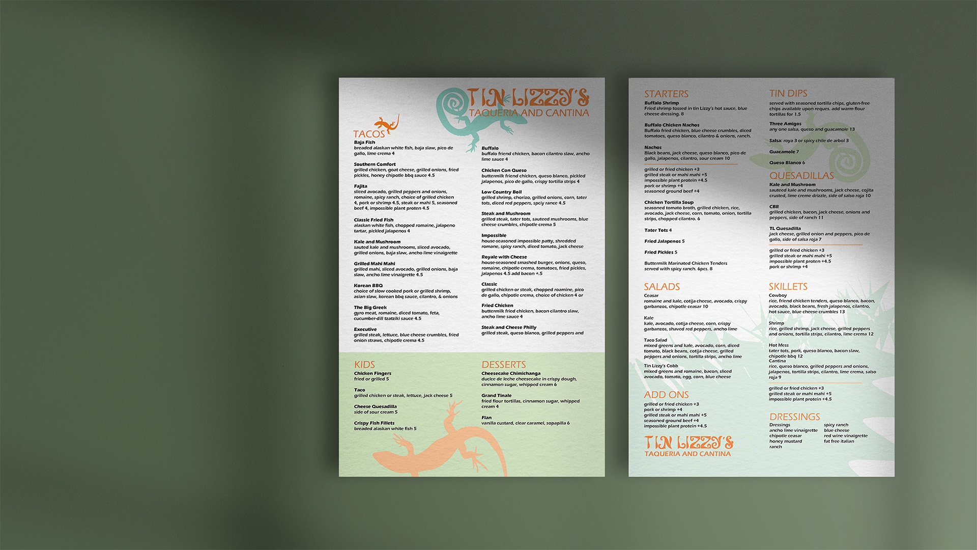 “Tin Lizzy’s Restaurant Menu”  / “Tin Lizzy’s Restaurant Menu,” redesigned menu for Tin Lizzy’s Taqueria and Cantina, 11 x 17 inch printed menu, 2022. This redesign brings  the fun and colorful vibe of the restaurant to the menu design.