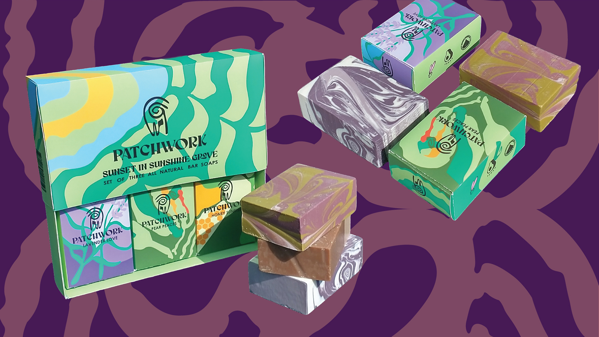 “Patchwork Soap Designs”  / “Patchwork Soap Designs,” packaging design for soap brand, 2023. Patchwork Soap is a made up brand of soap intended to inspire  consumers to choose the sustainable option by using eco friendly materials and and featuring fun and colorful designs.