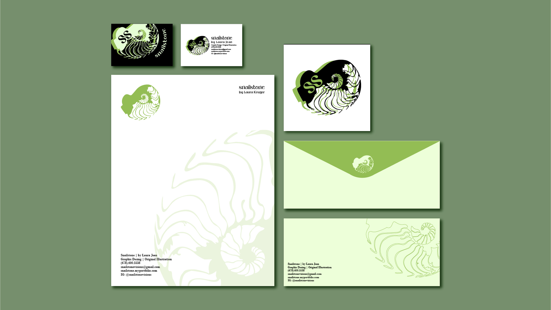 “Self Marketing Collateral” / “Self Marketing Collateral,” printed stationery for Snailstone brand, 8.5 x 11, 4.125 x 9.5, 3.5 x 2 inches, printed letterhead, envelope, and business card, 2023. This stationary is for communication and advertising between myself and clients.