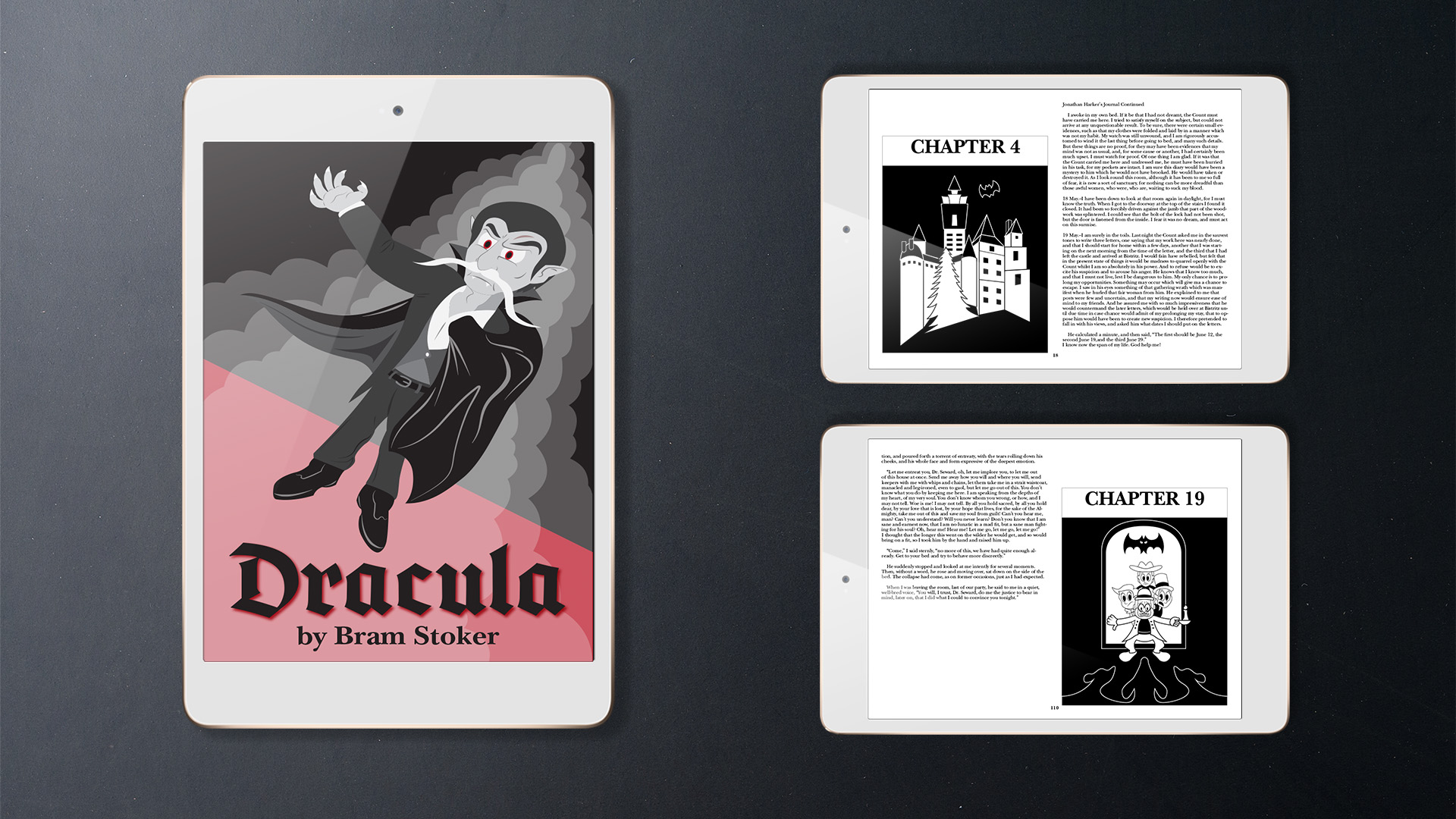 Dracula E-Book / ”Dracula E-Book,” ebook, digital publication for book app, 2022. This is an ebook retelling of “Dracula” by Bram Stoker. Each chapter displays an illustration reflecting scenes that take place in each chapter.
