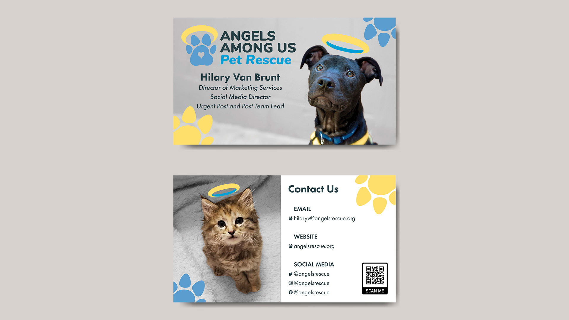 Angels Among Us Business Cards / “Angels Among Us Business Cards,” professional business cards, 2 x 3.5 inches print business card, 2022. This business card was designed to reflect the new branding for the nonprofit organization, Angels Among Us.