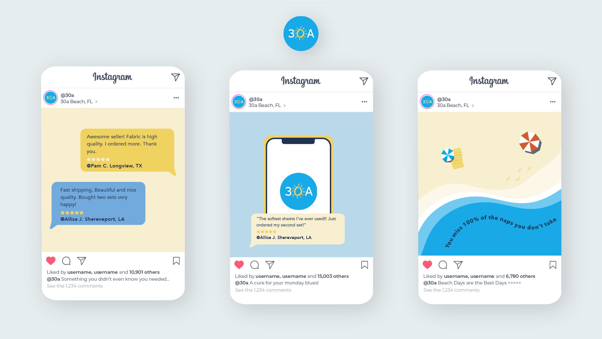 30a Campaign / “30a Campaign,” Digital Marketing Campaign, 2022. This marketing campaign aimed to create a digital presence for the brand 30a by turning their original coastal branding into a relevant online immersive beachy experience. 